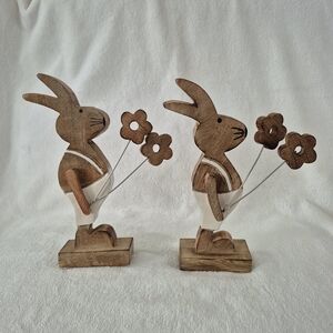 Two Wooden Rabbit Figurines with Flowers NEW